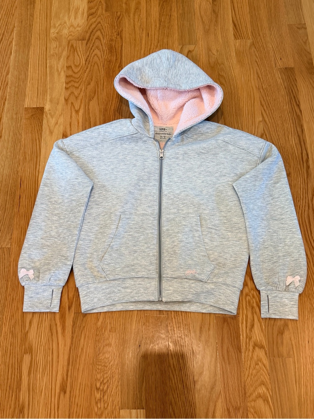 Abercrombie Kids YPB Grey Zip-Up Hoodie with Pink Sherpa Lining - Size 11/12